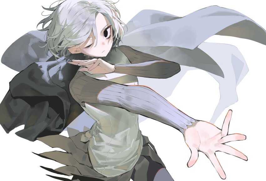 1boy absurdres bags_under_eyes black_eyes cloak dungeon_meshi elf floating_clothes gorget grey_hair highres long_sleeves looking_at_viewer male_focus maratang mithrun notched_ear one_eye_closed outstretched_hand pointy_ears shirt short_hair simple_background solo tunic unworn_cloak upper_body wavy_hair white_background