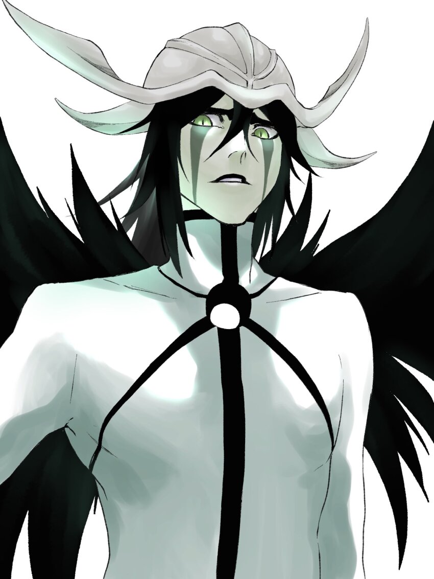 1boy black_hair bleach commentary_request demon_wings espada fake_horns green_eyes hair_between_eyes helmet highres hole_in_chest hole_on_body hollow_hole horned_helmet horns long_hair looking_at_viewer male_focus mitu_hide43 parted_lips resurreccion simple_background skirt slit_pupils solo spiked_hair ulquiorra_cifer upper_body white_background white_skirt wings