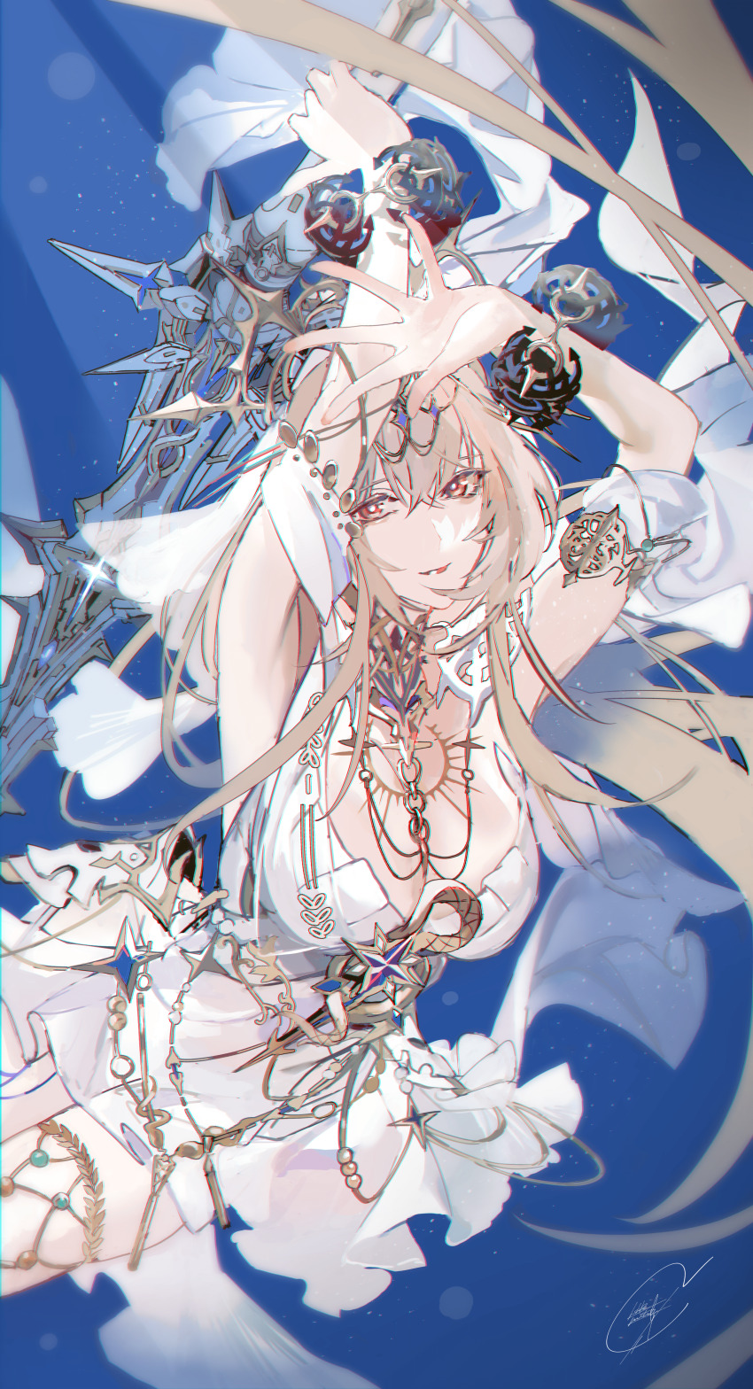 1girl absurdres armpits arms_up bianca:_crepuscule_(pgr) bianca_(pgr) blonde_hair blue_background breasts cleavage dress hair_between_eyes highres holding holding_sword holding_weapon joe_konishi large_breasts long_hair looking_at_viewer punishing:_gray_raven signature simple_background smile solo sword tiara weapon white_dress
