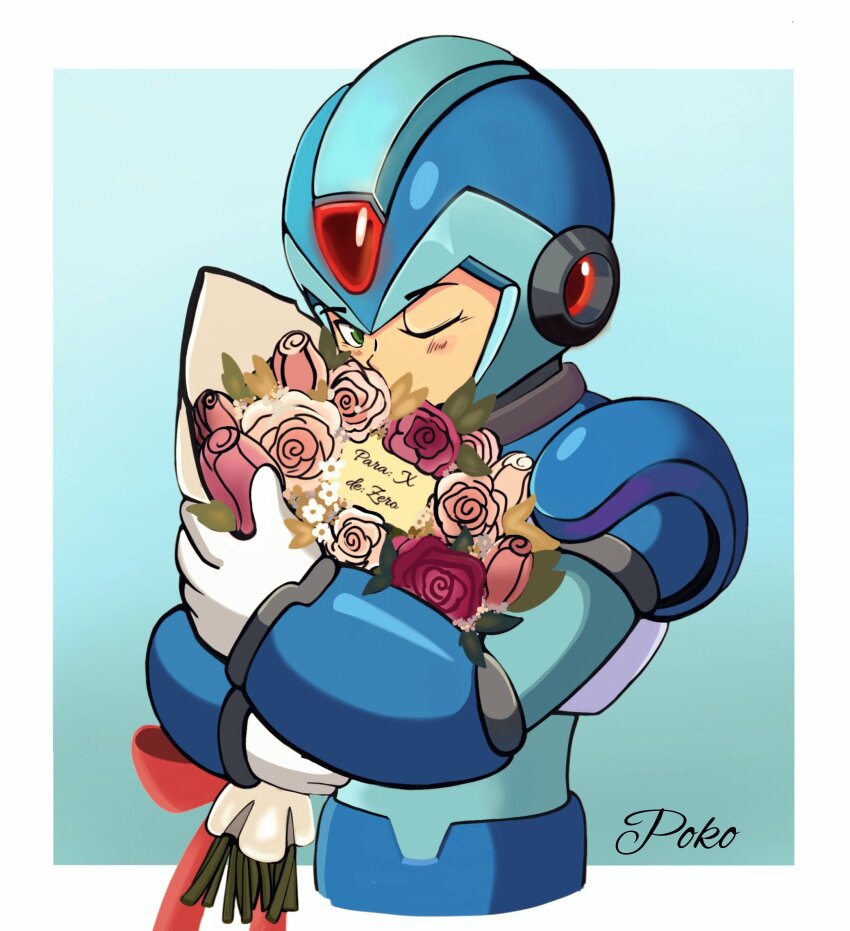 1boy android armor blue_armor blue_background blue_helmet bouquet flower forehead_jewel green_eyes helmet highres male_focus mega_man_(series) mega_man_x_(series) one_eye_closed poko589 simple_background solo upper_body x_(mega_man)