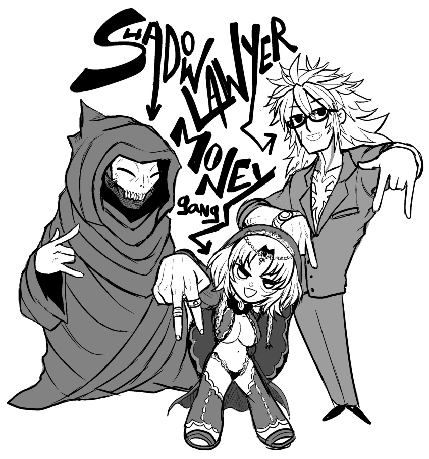 1girl 2boys breasts chibi cleavage english_text fate/grand_order fate_(series) glasses hassan_of_the_cursed_arm_(fate) highres higureroom hood jacket jewelry long_hair looking_at_viewer mask monochrome multiple_boys necklace open_mouth panties ring salome_(fate) shadow_wizard_money_gang_(meme) short_hair siegfried_(fate) smile string_panties underwear v watch