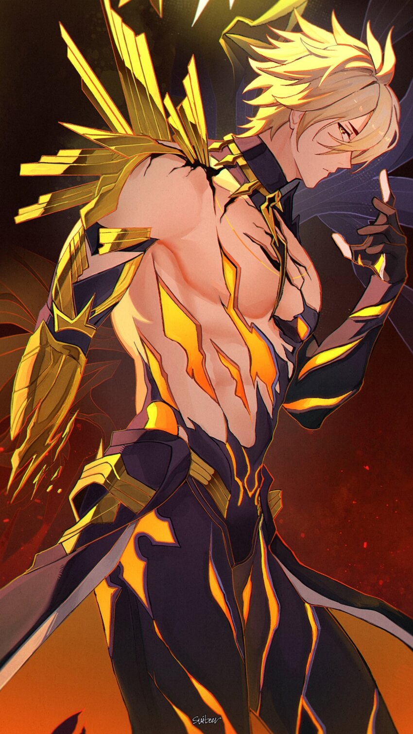 1boy absurdres alternate_form asymmetrical_wings bare_pectorals black_shirt black_wings blonde_hair commentary cracked_skin english_commentary hair_between_eyes halo halo_behind_head highres honkai:_star_rail honkai_(series) looking_at_viewer male_focus material_growth moonya pectorals phainon_(honkai:_star_rail) profile shirt short_hair sideways_glance solo torn_clothes torn_shirt wings yellow_blood yellow_eyes yellow_wings