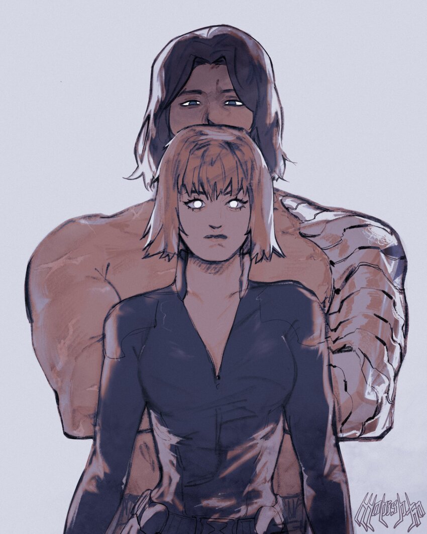 1boy 1girl artist_name avengers_(series) bare_shoulders belt black_belt black_bodysuit black_hair black_widow blue_eyes bodysuit breasts bucky_barnes closed_mouth covered_mouth hair_between_eyes highres lips looking_at_viewer marvel medium_breasts mohishko muscular muscular_male natasha_romanoff orange_hair prosthesis prosthetic_arm scar short_hair simple_background star_(symbol) white_background white_eyes