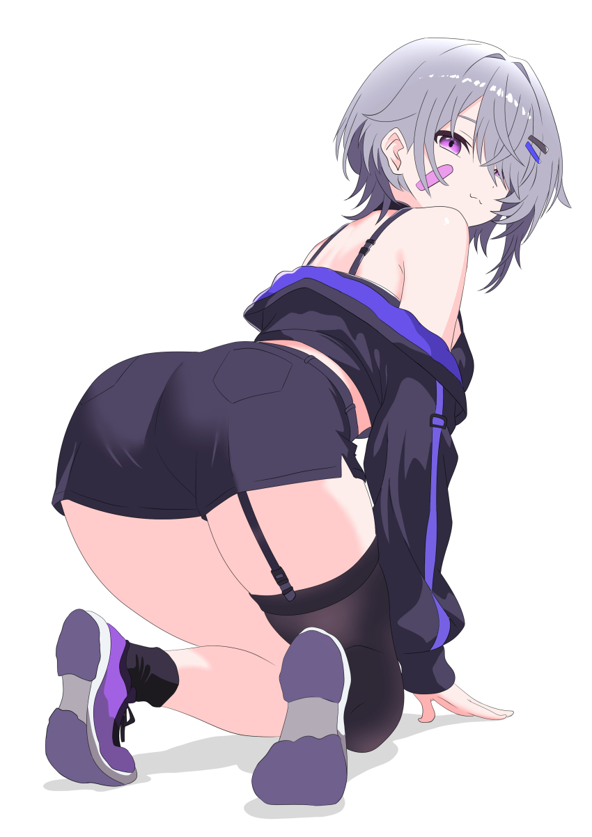 1girl absurdres all_fours ass ass_focus bandaid bandaid_on_cheek bandaid_on_face black_jacket black_shorts from_behind grey_hair highres hololive hololive_english jacket koseki_bijou koseki_bijou_(casual) looking_back paipai97 purple_eyes purple_shoes shoe_soles shoes short_shorts shorts solo virtual_youtuber