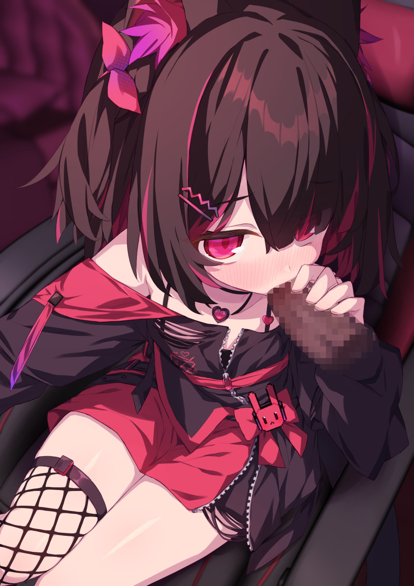 1boy 1girl absurdres animal_ear_fluff animal_ears black_hair blurry blurry_background blush bow cat_ears censored commission disembodied_penis dress eyes_visible_through_hair fellatio fishnet_thighhighs fishnets hair_ornament hair_over_one_eye hairclip heart heart_necklace highres indie_virtual_youtuber jewelry medium_hair mosaic_censoring multicolored_hair nasuuni necklace off_shoulder oral penis pink_bow pink_hair short_dress single_thighhigh sitting skeb_commission streaked_hair swivel_chair thighhighs two_side_up virtual_youtuber zipper zipper_dress zipper_pull_tab