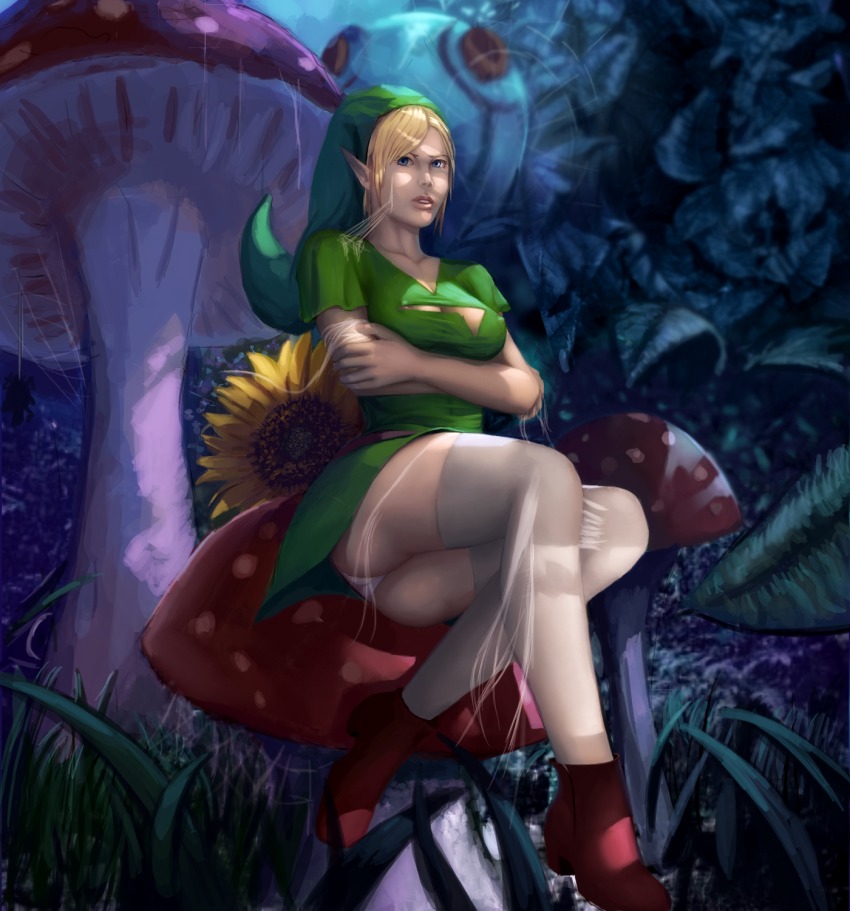 1girl blackknight23 breast_hold breasts bug female_focus fly_agaric full_body gender_request genderswap giant_mushroom grass green_hat hat highres leaf link looking_at_viewer medium_breasts mini_person minigirl mushroom nintendo no_bra outdoors panties pantyshot parted_bangs parted_lips plant pointy_ears red_footwear silk sitting solo spider spider_web tagme the_legend_of_zelda thighhighs torn_clothes torn_tunic tunic underwear white_panties white_thighhighs zettai_ryouiki