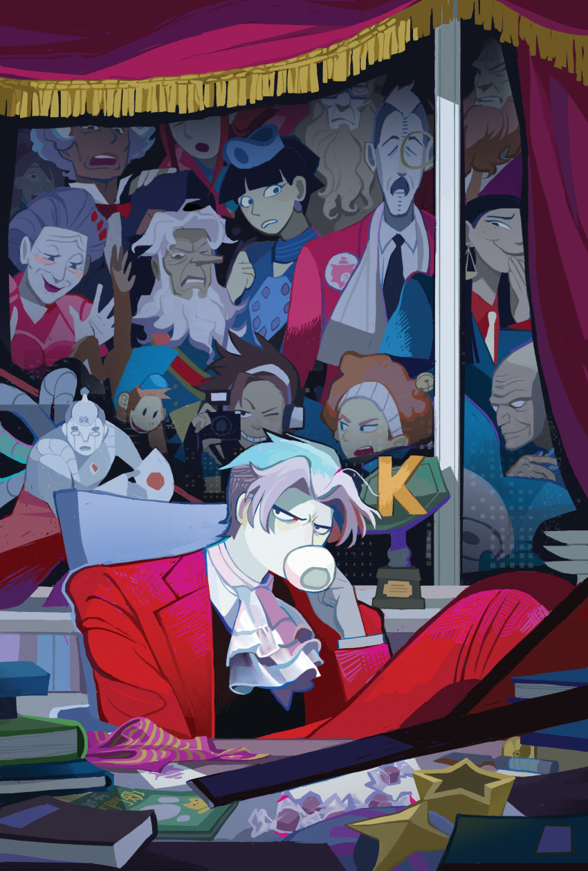 absurdres ace_attorney ascot beard black_hair book brown_hair character_request commentary cup drinking english_commentary facial_hair formal_clothes grey_hair highres holding holding_cup looking_at_another lotta_hart miles_edgeworth monkey mutie_(timestables) old old_woman open_mouth red_suit shelly_de_killer shirt short_hair sitting smile steel_samurai stitched_face stitches suit trophy wendy_oldbag white_ascot white_hair
