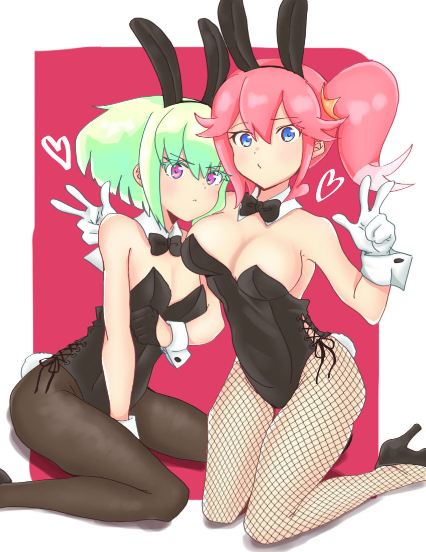 1boy 1girl :&lt; aina_ardebit animal_ears black_bow black_bowtie black_leotard blue_eyes border bow bowtie breasts bunny_day cleavage commentary_request detached_collar double_v fake_animal_ears fake_tail fishnets gloves green_hair high_heels highres kneeling large_breasts leotard lio_fotia male_playboy_bunny pantyhose pink_background pink_eyes pink_hair playboy_bunny promare short_hair side-tie_leotard side_ponytail strapless strapless_leotard tail thighs trap user_ksur8455 v variant_set white_border white_gloves wrist_cuffs