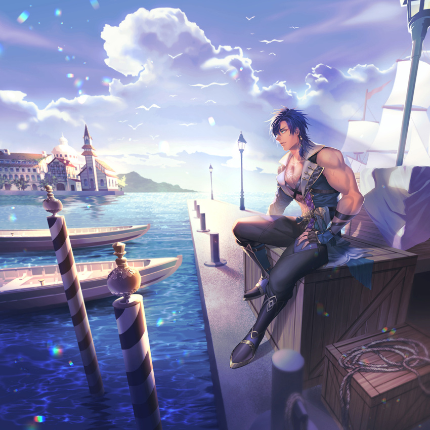 1boy abs bare_arms black_boots black_gloves black_pants blue_eyes blue_hair blue_sash blue_shirt boat boots box braid building chest_tattoo cloud crate dark-skinned_male dark_skin day delos_(noctilucent) dock fingerless_gloves from_side full_body gloves hand_on_own_thigh harbor highres knee_boots knee_up lamppost lapels looking_ahead male_focus medium_hair mountain muscular muscular_male noctilucent:_before_dawn notched_lapels ocean on_box open_clothes open_shirt outdoors pants parted_lips pectoral_cleavage pectorals profile rope sash shadow ship shirt shirt_tucked_in side_braid sitting sleeveless sleeveless_shirt smile solo sunlight tattoo tsaosu0607 watercraft