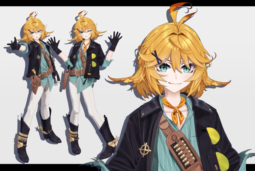 1girl 3d :o absurdres ahoge aqua_eyes aqua_shirt belt black_footwear black_gloves black_jacket blonde_hair brown_belt closed_mouth dokibird_(vtuber) dokibird_(vtuber)_(bounty_hunter) fang full_body gloves gun handgun handgun_cartridge highres holster indie_virtual_youtuber jacket karakuripower medium_hair multiple_views neckerchief official_art one_eye_closed orange_neckerchief pants revolver rifle_cartridge shirt skin_fang sleeves_pushed_up sunglasses untucked_shirt unworn_eyewear virtual_youtuber weapon white_background white_pants