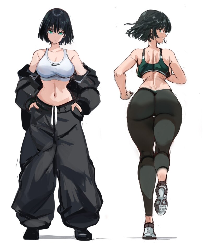 1girl alternate_costume ass baggy_pants black_hair black_jacket black_leggings black_sports_bra commentary expressionless fubuki_(one-punch_man) full_body green_eyes hands_in_pockets head_tilt highres jacket leggings looking_at_viewer multiple_views navel nike_(company) off_shoulder one-punch_man pants rakeemspoon running simple_background sketch sports_bra tank_top white_background white_tank_top