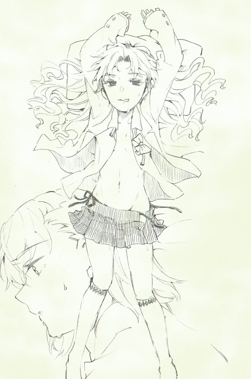 2girls absurdres armpits arms_up breasts drooling flat_chest full_body groin hair_ornament half-closed_eyes higashizukihi_sei highres kneehighs long_hair long_sleeves lying midriff miniskirt misaka_mikoto monochrome multiple_girls navel on_back open_clothes open_skirt panties pleated_skirt ribbon shirai_kuroko side-tie_panties sketch skirt sleeves_past_wrists small_breasts socks solo sweat toaru_kagaku_no_railgun toaru_majutsu_no_index tongue tongue_out underwear untied_panties