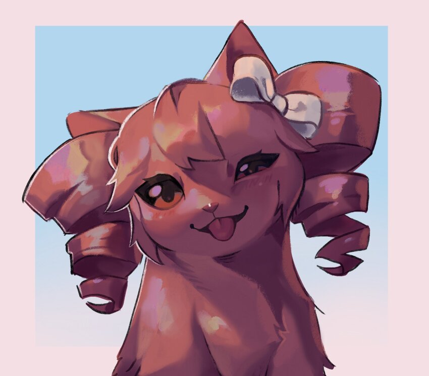 animal_ears animalization blush bow cat cat_ears drill_hair hair_bow half-closed_eye head_tilt highres kasane_teto kasane_teto_(sv) looking_at_viewer meme photo-referenced red_fur rigby_the_cat_(meme) sheepsheep6639 solo synthesizer_v tongue tongue_out twin_drills upper_body vat white_bow