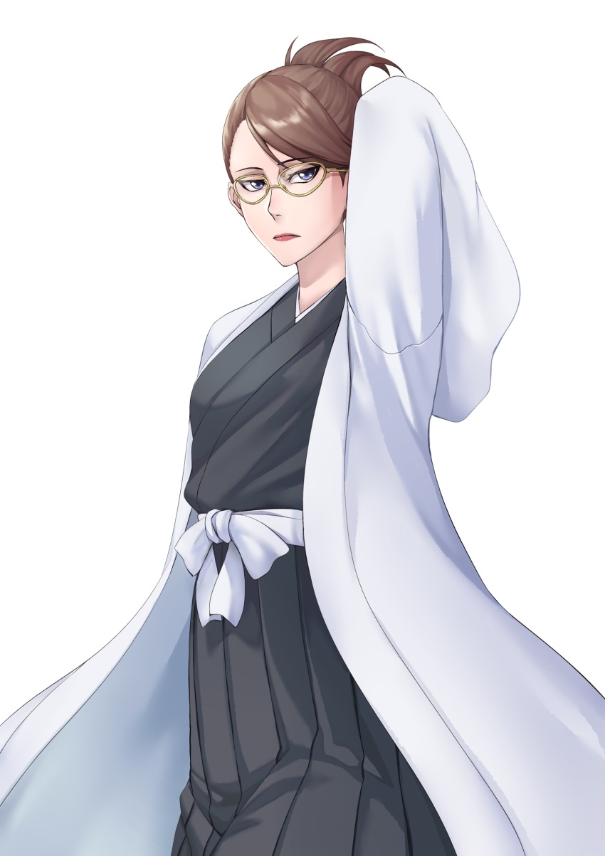 1girl absurdres arms_behind_head bleach blue_eyes breasts brown_hair commission female_focus glasses highres japanese_clothes kimono lipstick looking_to_the_side makeup medium_breasts ran&#039;tao sakuya_(liao_kj) shihakusho simple_background white_background