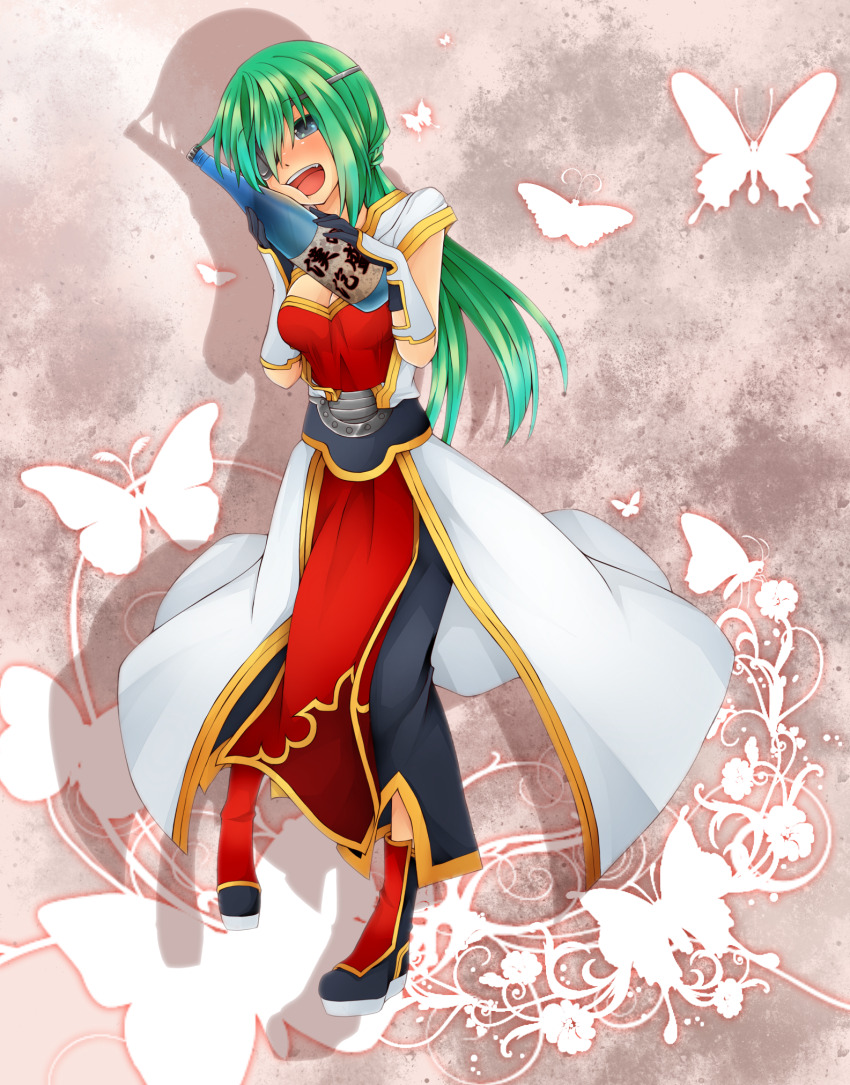 1girl black_boots black_gloves black_pants blue_eyes blush boots bottle breasts brown_background bug butterfly champion_(ragnarok_online) cleavage coat commentary_request eyepatch full_body gloves gold_trim green_hair highres holding holding_bottle insect long_hair medium_breasts meiko_(nattu303) open_mouth pants ragnarok_online red_tabard sake_bottle shin_guards sleeveless sleeveless_coat smile solo standing tabard two-tone_gloves white_coat white_gloves