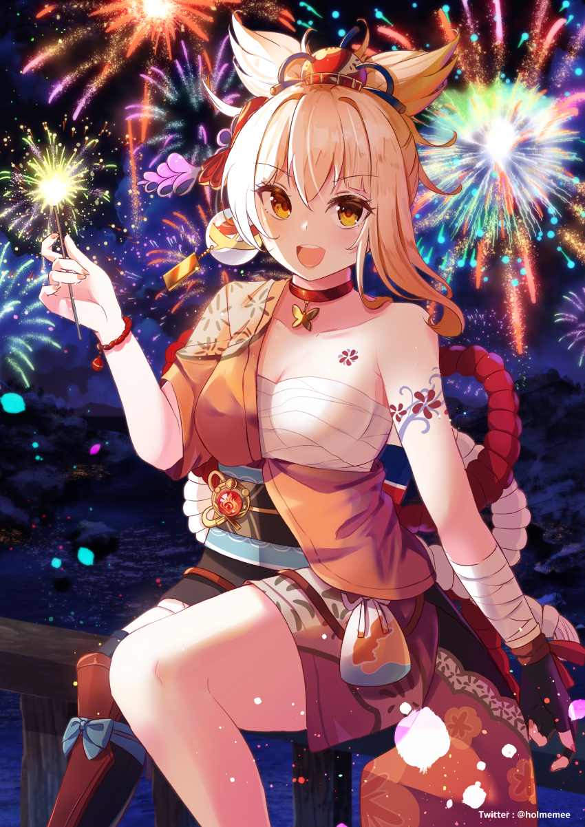 1girl :d absurdres aerial_fireworks bandaged_arm bandages bare_shoulders black_gloves blonde_hair breasts brown_eyes brown_kimono choker cleavage collarbone commentary_request fingerless_gloves fireworks genshin_impact gloves hadanugi_dousa hair_between_eyes hair_ornament hand_up highres holding holmemee japanese_clothes kimono looking_at_viewer medium_breasts night obi open_clothes open_kimono open_mouth outdoors red_choker sarashi sash senkou_hanabi single_glove sitting smile solo sparkler teeth upper_teeth_only v-shaped_eyebrows yoimiya_(genshin_impact)