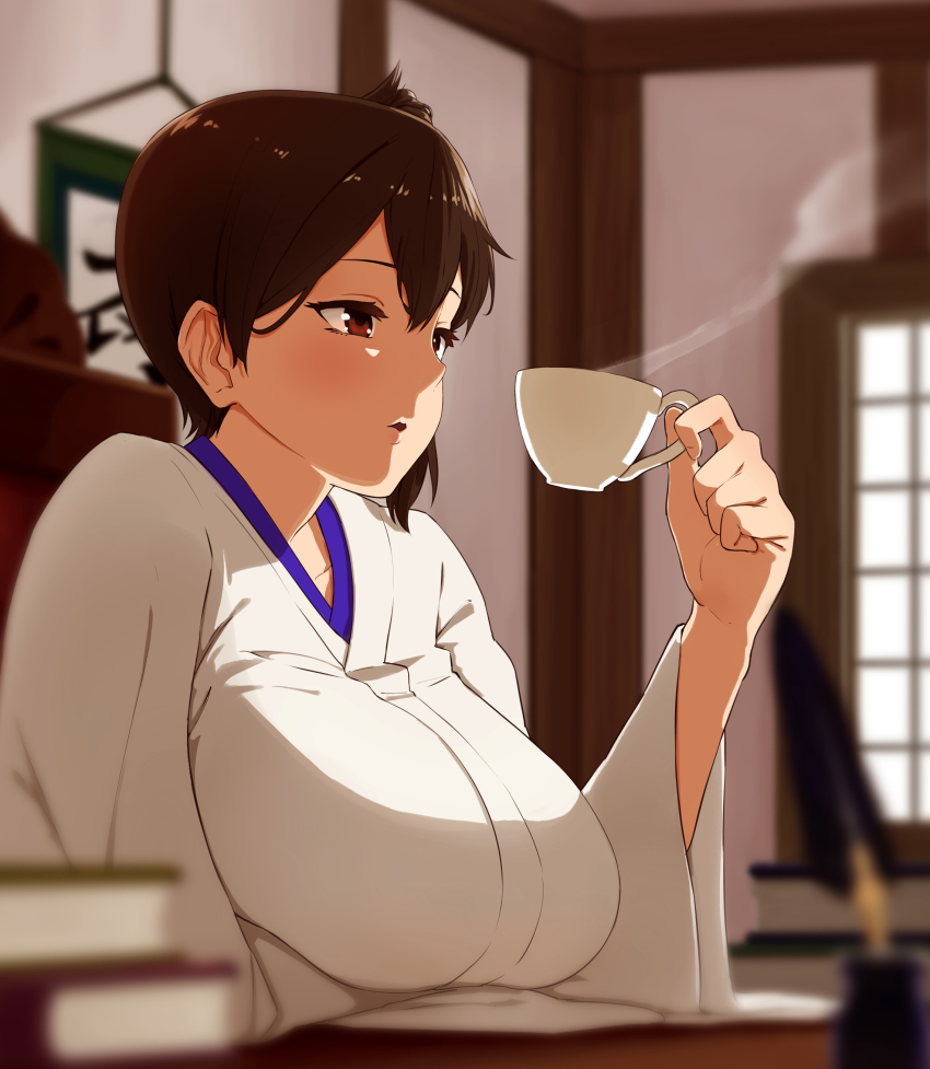 10s 1girl absurdres bad_id bad_pixiv_id blush breasts brown_eyes brown_hair cup female_focus highres huge_breasts japanese_clothes kaga_(kancolle) kantai_collection kurinton long_sleeves omaru_gyuunyuu open_mouth personification short_hair side_ponytail sitting solo tea teacup wide_sleeves
