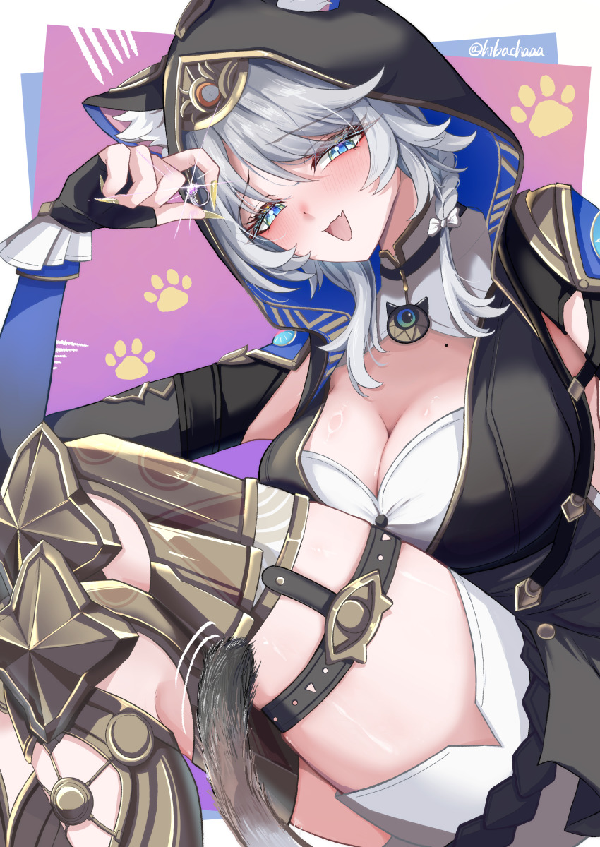 1girl absurdres animal_ears animal_hood armored_boots black_gloves blue_eyes boots breasts cat_ears cat_girl cat_hood cat_tail cipher_(honkai:_star_rail) cleavage commentary_request fingerless_gloves gloves gold_boots grey_hair highres holding holding_jewelry holding_ring honkai:_star_rail honkai_(series) hood jewelry mole mole_on_breast open_mouth paw_print paw_print_background ring short_hair_with_long_locks shorts solo tail tefutefufu thighs twitter_username white_shorts yellow_nails