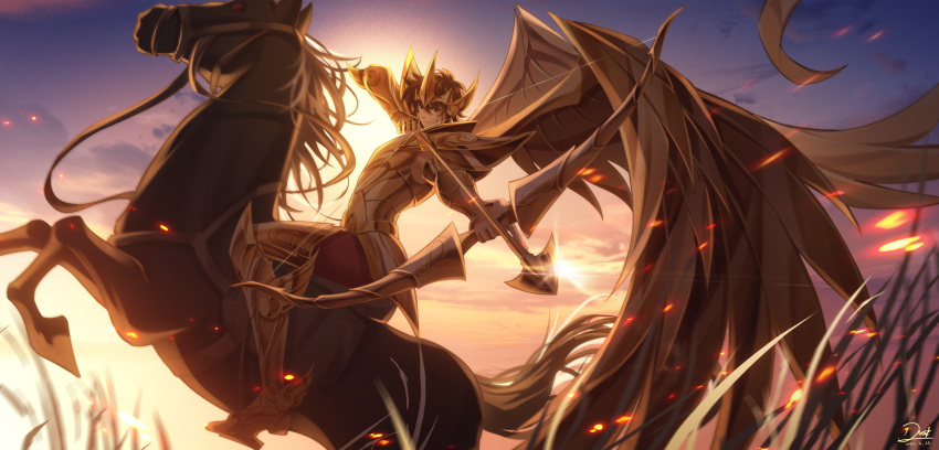 1boy absurdres aiming aiming_at_viewer animal archery armor arrow_(projectile) boots bow_(weapon) breastplate bridle brown_hair circlet closed_mouth cloud commentary_request dated drawing_bow dusk_(pixiv_9080785) fake_wings film_grain gauntlets gold_armor gold_saint golden_wings green_eyes hair_between_eyes highres holding holding_bow_(weapon) holding_weapon horse horseback_archery horseback_riding looking_at_viewer male_focus metal_wings outdoors rearing reins riding sagittarius_aioros saint_seiya short_hair shoulder_armor signature sky solo sparks sun sunset weapon wings