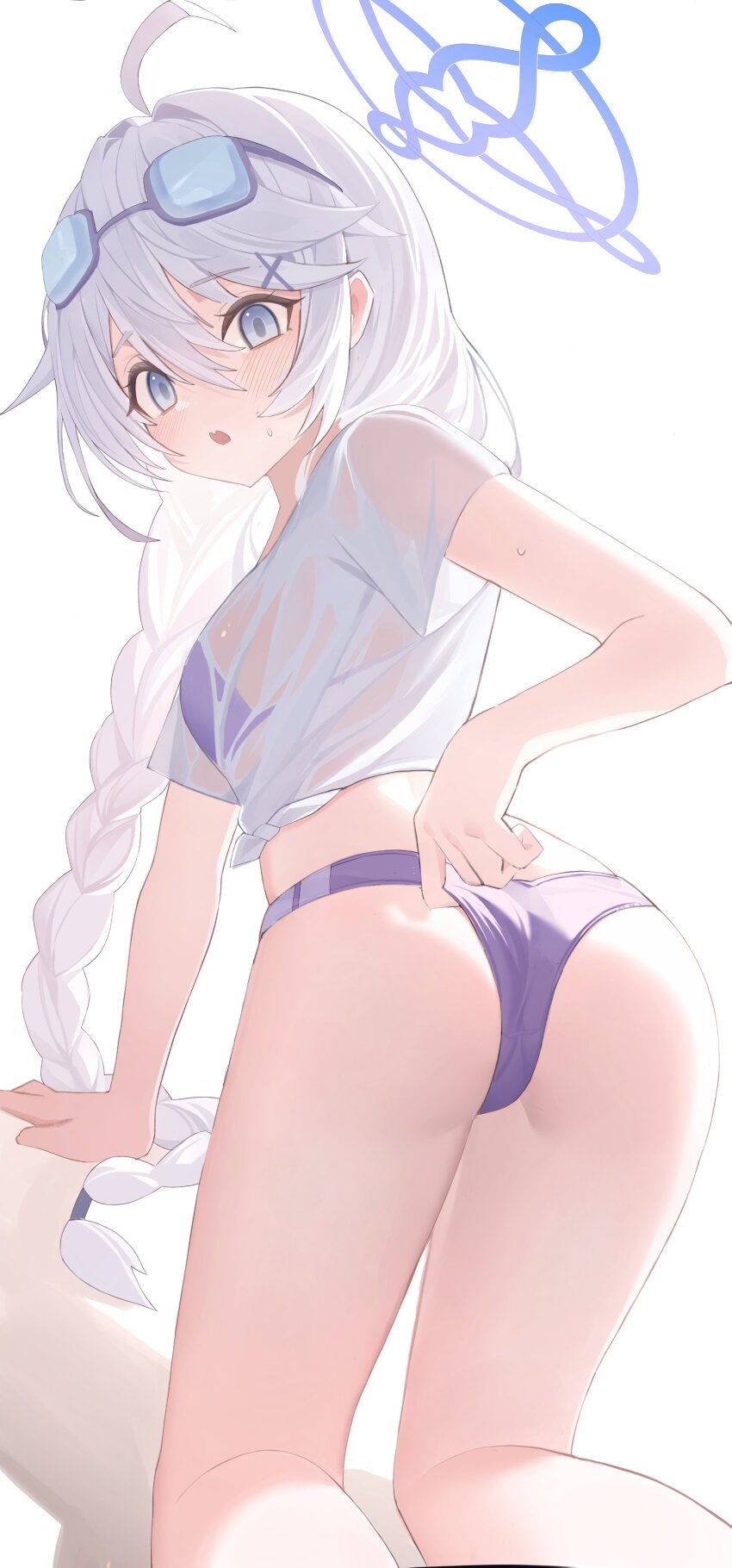 1girl absurdres ahoge ass bikini bikini_under_clothes bikini_visible_through_clothes blue_archive blue_eyes blue_halo blush braid breasts eyewear_on_head grey_hair halo highres kirino_(blue_archive) kirino_(swimsuit)_(blue_archive) long_hair looking_at_viewer official_alternate_costume open_mouth pang-yo purple_bikini purple_halo see-through_clothes see-through_shirt shirt short_sleeves single_braid solo swimsuit wet wet_clothes wet_shirt whistle whistle_around_neck white_shirt