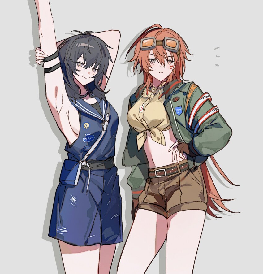 18trip 2girls ahoge armband armpits arms_up belt black_hair blue_dress blue_jumpsuit breasts brown_shorts closed_mouth cowboy_shot crop_top dress fingerless_gloves gawei567 genderswap genderswap_(mtf) gloves goggles goggles_around_neck goggles_on_head green_jacket grey_background grey_eyes hair_between_eyes hand_on_own_hip heterochromia highres jacket jumpsuit long_hair long_sleeves looking_at_viewer medium_breasts messy_hair midriff mole mole_under_eye multiple_arm_straps multiple_girls multiple_moles murakumo_ten navel nishizono_renga open_clothes open_jacket orange_hair red_eyes red_hair sailor_collar shirt short_shorts shorts sideboob simple_background sleeveless smile tied_shirt very_long_hair