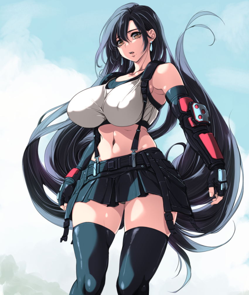 1girl black_skirt black_thighhighs blue_sky blush brown_eyes collarbone commentary_request covered_erect_nipples final_fantasy final_fantasy_vii final_fantasy_vii_remake fingerless_gloves gauntlets gloves hair_between_eyes highres kantori long_hair midriff navel open_mouth outdoors overall_skirt skirt sky solo standing suspender_skirt suspenders tank_top thighhighs thighs tifa_lockhart very_long_hair white_tank_top