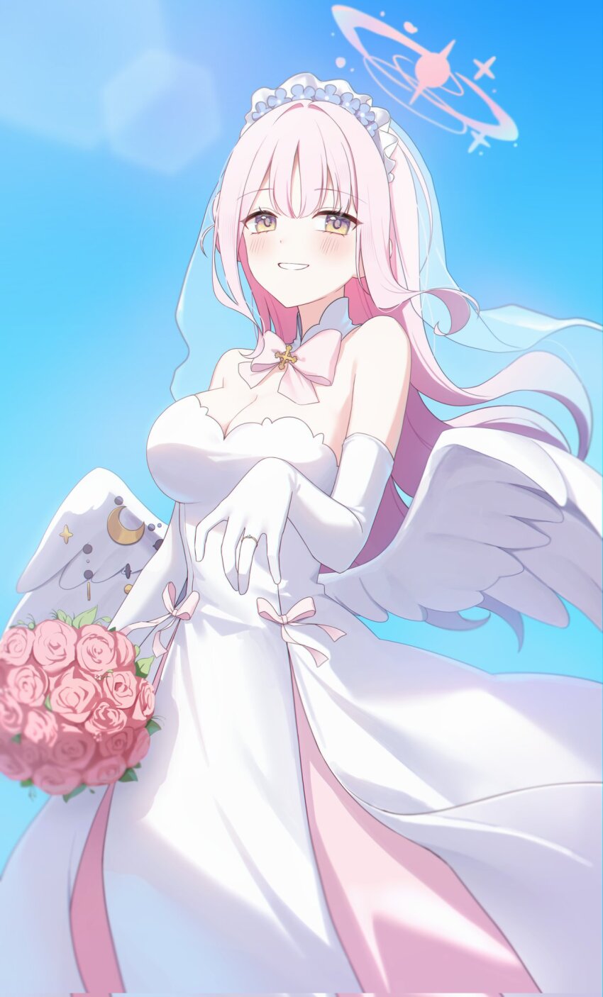 1girl alternate_costume blue_archive blue_sky bouquet bow bowtie breasts cleavage dress elbow_gloves flower gloves halo highres holding holding_bouquet jewelry looking_at_viewer low_wings mika_(blue_archive) momyong pink_bow pink_bowtie pink_flower pink_hair pink_rose ring rose sky smile solo standing veil wedding_dress wedding_ring white_dress white_gloves white_veil white_wings wings yellow_eyes