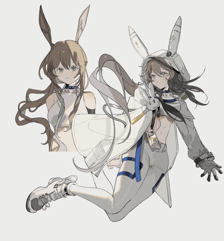 1girl amiya_(arknights) amiya_(guard)_(arknights) amiya_(guard)_(touch_the_stars)_(arknights) animal_ear_hood animal_ears arknights brown_hair cape commentary_request crop_top fake_animal_ears grey_eyes highres hood hooded_cape id_card long_hair long_sleeves looking_at_viewer multiple_views note_nii pants rabbit_ears rabbit_pin shirt shoes simple_background smile sneakers white_background white_cape white_footwear white_pants white_shirt
