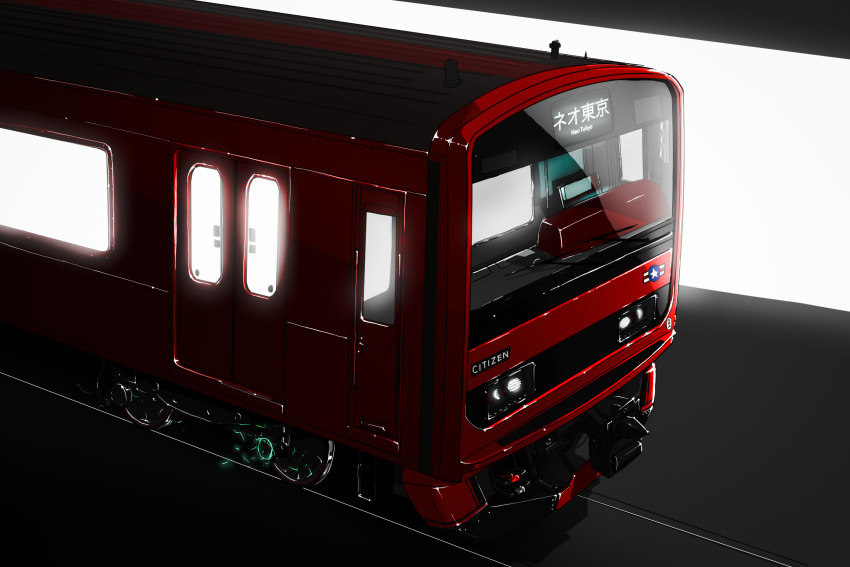 209all akira_(manga) citizen_(brand) dark east_japan_railway_company glowing headlight_beam highres japan_railways jr_east_209_series kaneda_shoutarou&#039;s_bike light_rays multiple_unit_train no_humans railroad_tracks sliding_doors subway train vehicle_focus wipers