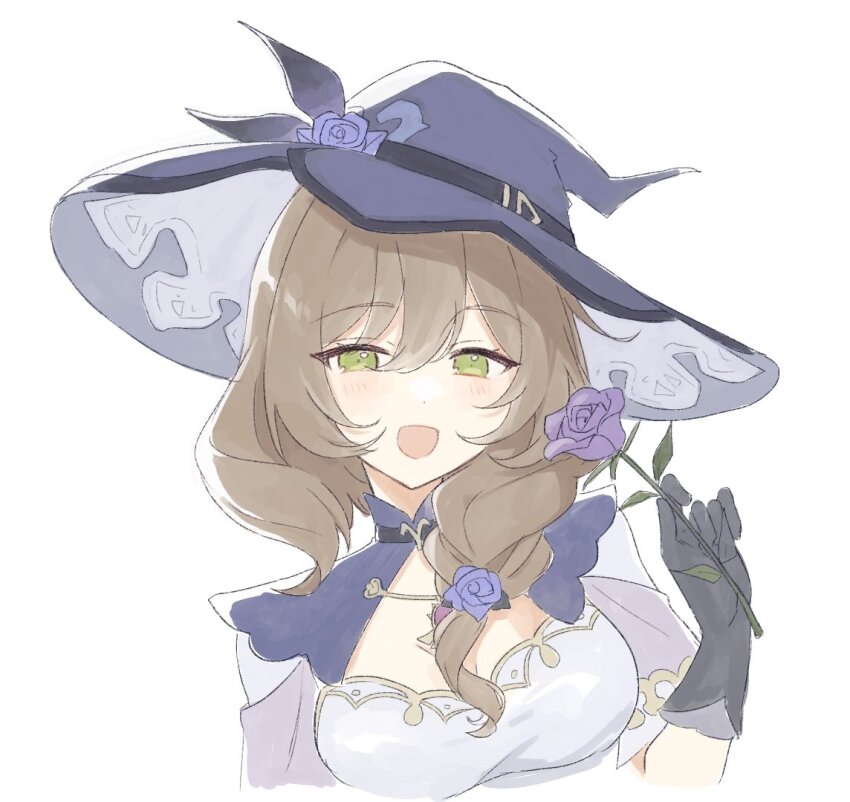 1girl black_gloves blush breasts brown_hair cleavage cropped_torso flower genshin_impact gloves green_eyes hair_between_eyes hair_over_shoulder hat hat_flower lisa_(genshin_impact) long_hair looking_at_viewer medium_breasts open_mouth purple_flower purple_rose rose shirase_(shirose) simple_background solo upper_body white_background witch_hat