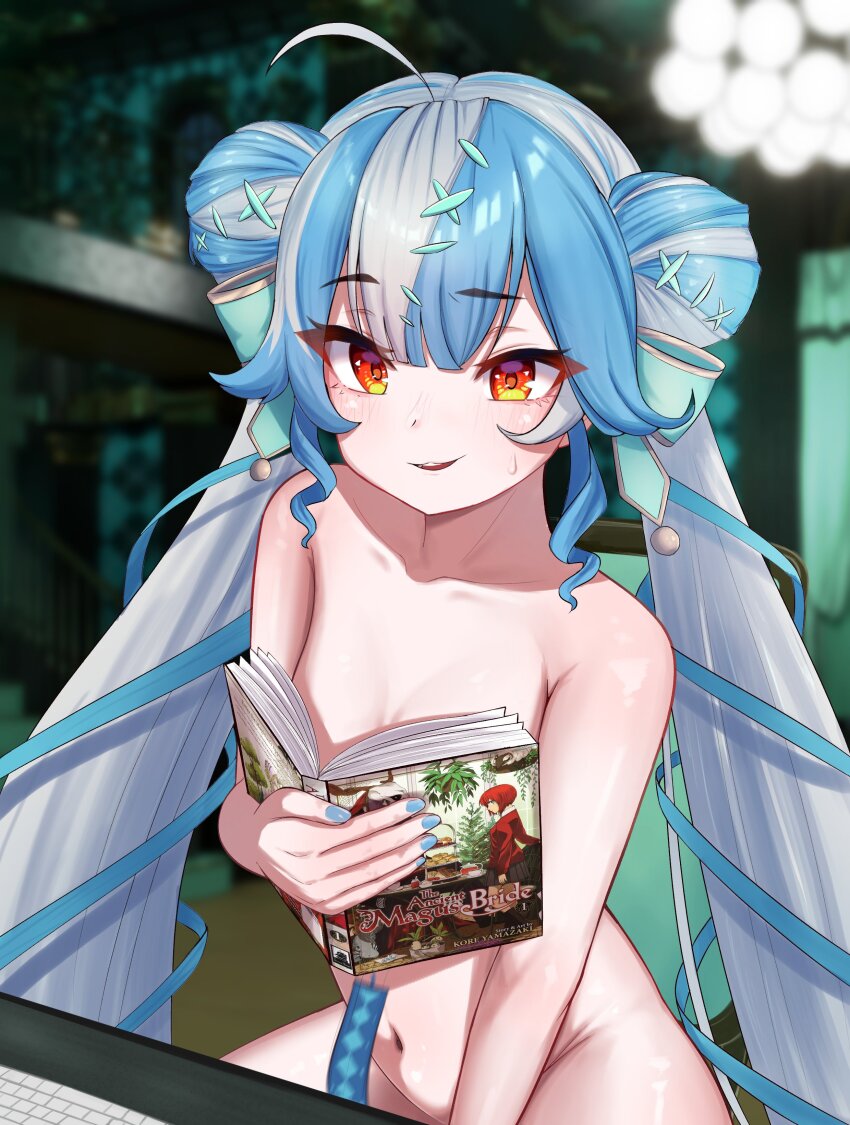 1girl absurdres ahoge armpit_crease blue_hair blue_nails blush book bookmark breasts commission completely_nude computer_keyboard covering_breasts covering_privates double_bun elias_ainsworth hair_bun hatori_chise highres holding holding_book kurohi_drw long_hair looking_at_viewer low_twintails mahou_tsukai_no_yome multicolored_hair navel nijisanji nijisanji_en nude orange_eyes parted_lips small_breasts solo streaked_hair sweatdrop twintails twisty_amanozako very_long_hair virtual_youtuber white_hair