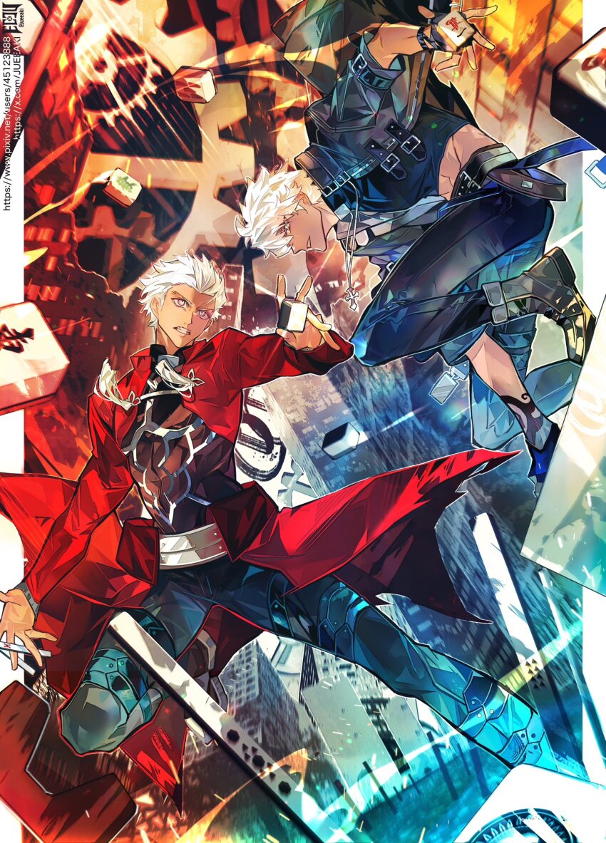 2boys archer_(fate) armor coat dark_skin eeju fate/grand_order fate_(series) highres mahjong_soul male_focus multiple_boys red_coat tan unlimited_blade_works_(reality_marble) white_hair