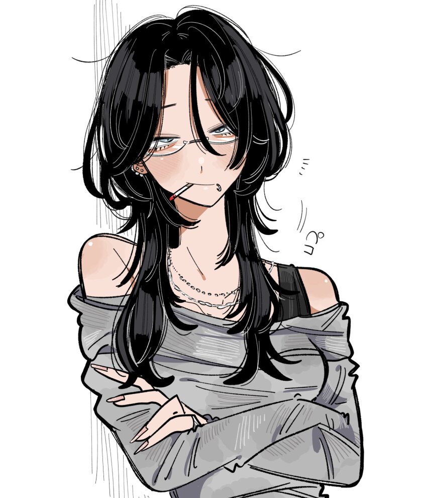 1girl bashira0777 black_hair cigarette crossed_arms dress ear_piercing glasses grey_dress highres jewelry long_hair looking_at_viewer necklace off-shoulder_dress off_shoulder original piercing semi-rimless_eyewear smoking solo