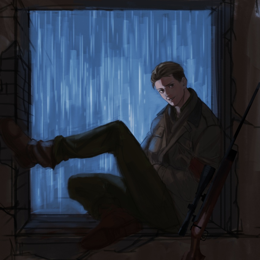 1boy blood blood_on_clothes brown_hair brown_pants brown_shoes commentary_request full_body gun highres injury kogu_(nue_insideout) leg_support looking_at_viewer male_focus pants parted_lips porco_galliard rain rifle shingeki_no_kyojin shoes short_hair solo undercut weapon