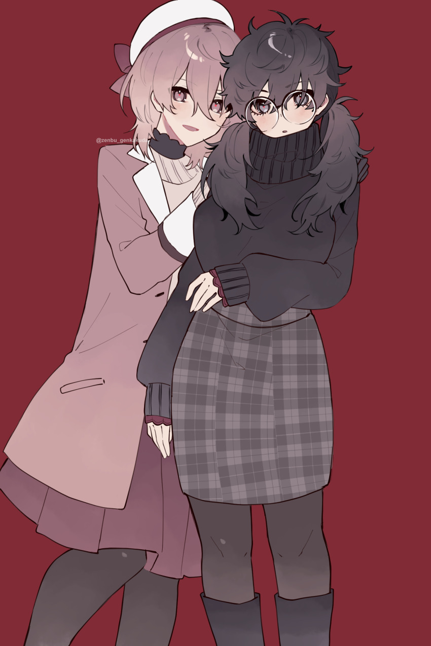 2girls akechi_gorou amamiya_ren beret black_hair black_pantyhose black_sweater blush brown_eyes brown_hair coat genderswap genderswap_(mtf) glasses grey_eyes hair_between_eyes hand_on_another&#039;s_shoulder hat highres long_hair long_sleeves looking_ahead low_twintails messy_hair multiple_girls open_mouth pantyhose pencil_skirt persona persona_5 plaid_clothes plaid_skirt pleated_skirt red_background red_skirt ribbon round_eyewear shoes short_hair simple_background skirt smile sweater turtleneck turtleneck_sweater twintails variant_set white_hat zenbu_genkakuda
