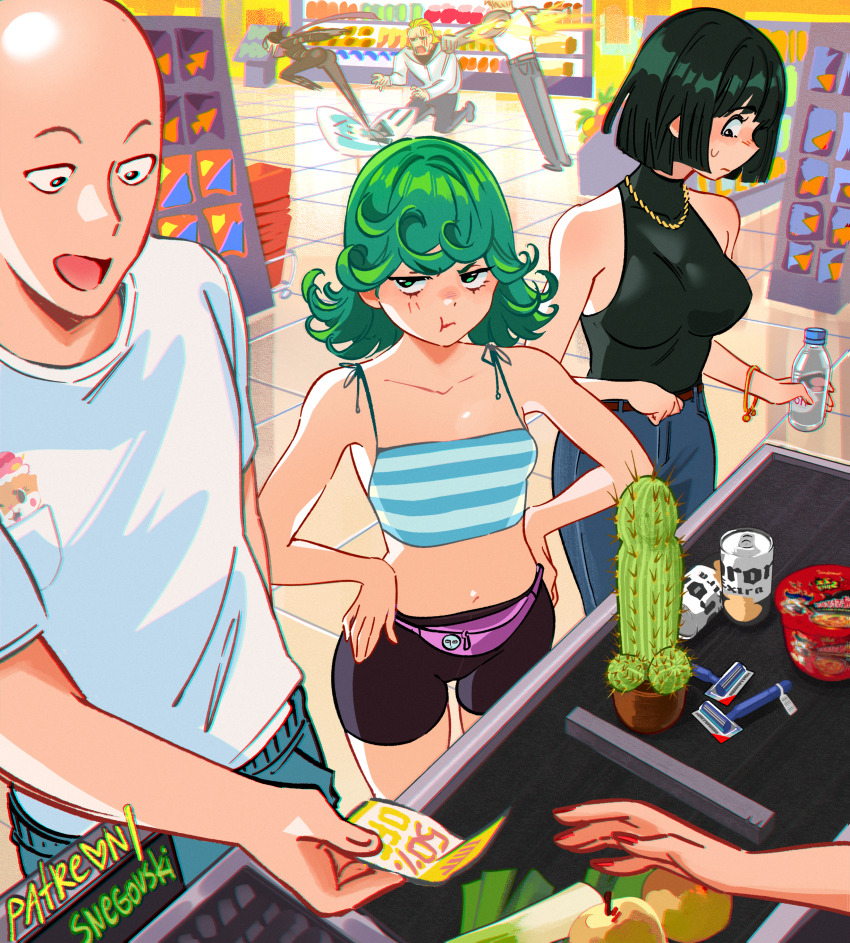 3girls 4boys absurdres artist_name bald bare_shoulders beer_can black_shorts blue_pants breasts cactus can collarbone commentary coupon drink_can english_commentary fanny_pack food fruit fubuki_(one-punch_man) genos green_eyes green_hair hands_on_own_hips hatsune_miku highres holding jewelry king_(one-punch_man) large_breasts looking_at_another medium_hair multiple_boys multiple_girls nail_polish necklace one-punch_man open_mouth paid_reward_available pants patreon_username phallic_symbol plant potted_plant pout razor_blade saitama_(one-punch_man) senkou_no_flash shirt short_shorts shorts siblings sisters small_breasts smile snegovski standing tatsumaki v-shaped_eyebrows watermark web_address white_shirt