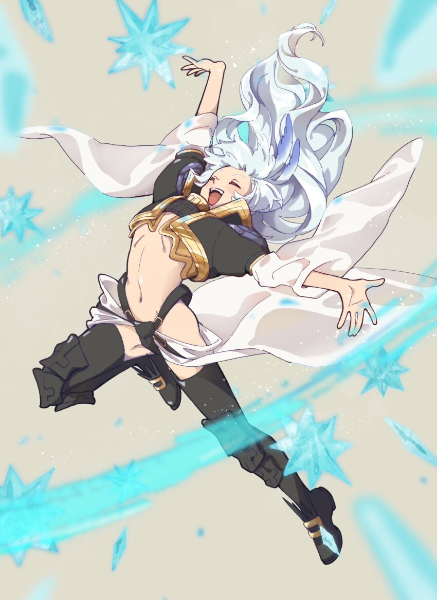 1boy androgynous arm_up black_boots black_jacket blue_feathers boots closed_eyes codpiece commentary cropped_jacket cryokinesis detached_sleeves feather_hair_ornament feathers final_fantasy final_fantasy_ix floating_hair full_body gold_trim hair_ornament highres jacket kuja linea_alba long_hair male_focus navel open_clothes open_jacket open_mouth outstretched_arm outstretched_hand solo symbol-only_commentary teeth thigh_boots upper_teeth_only white_hair wide_sleeves yoshidaaaan
