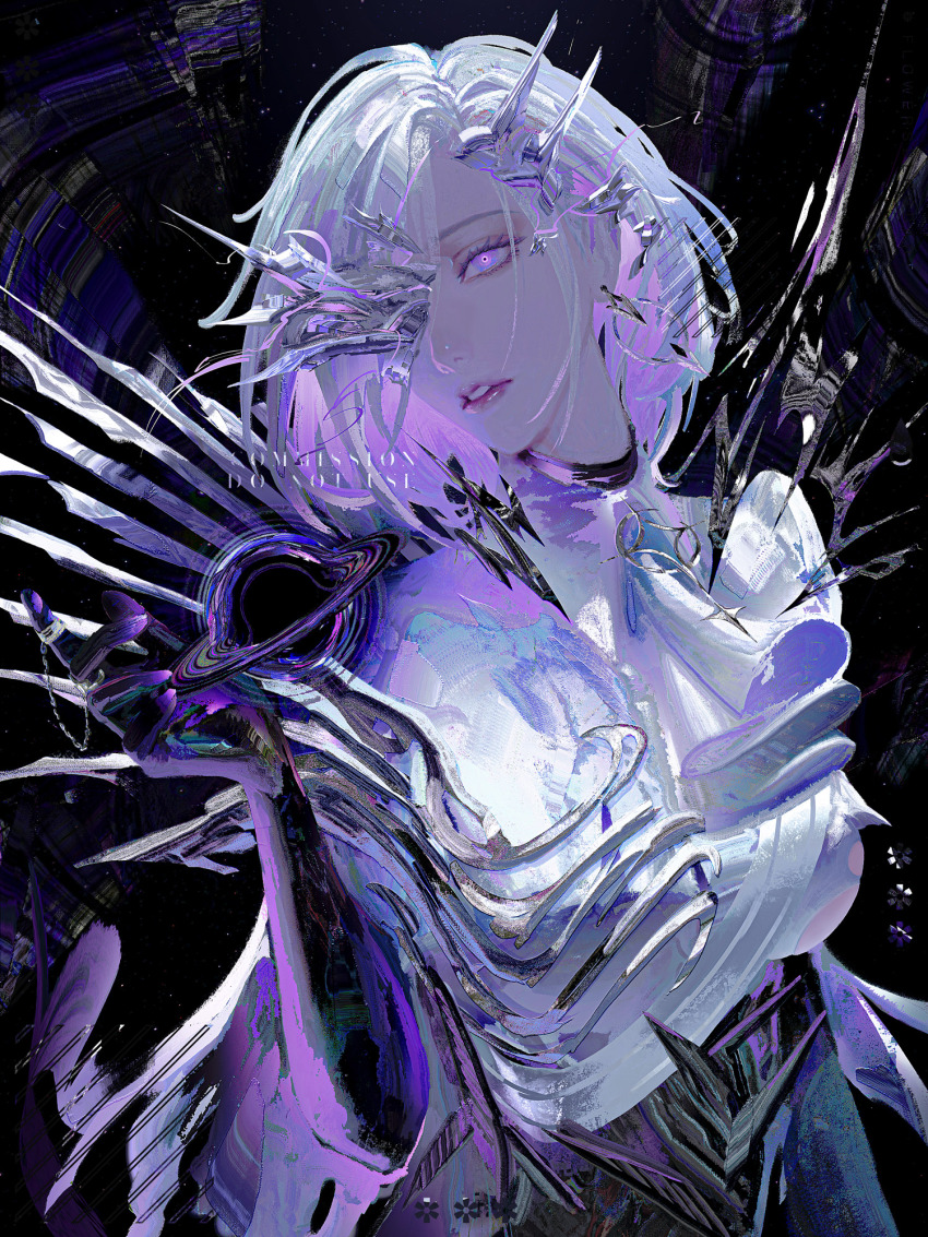 1girl black_gloves dreya_(path_to_nowhere) elbow_gloves eye_mask flowersbloodart gloves highres looking_at_viewer path_to_nowhere short_hair solo upper_body white_hair