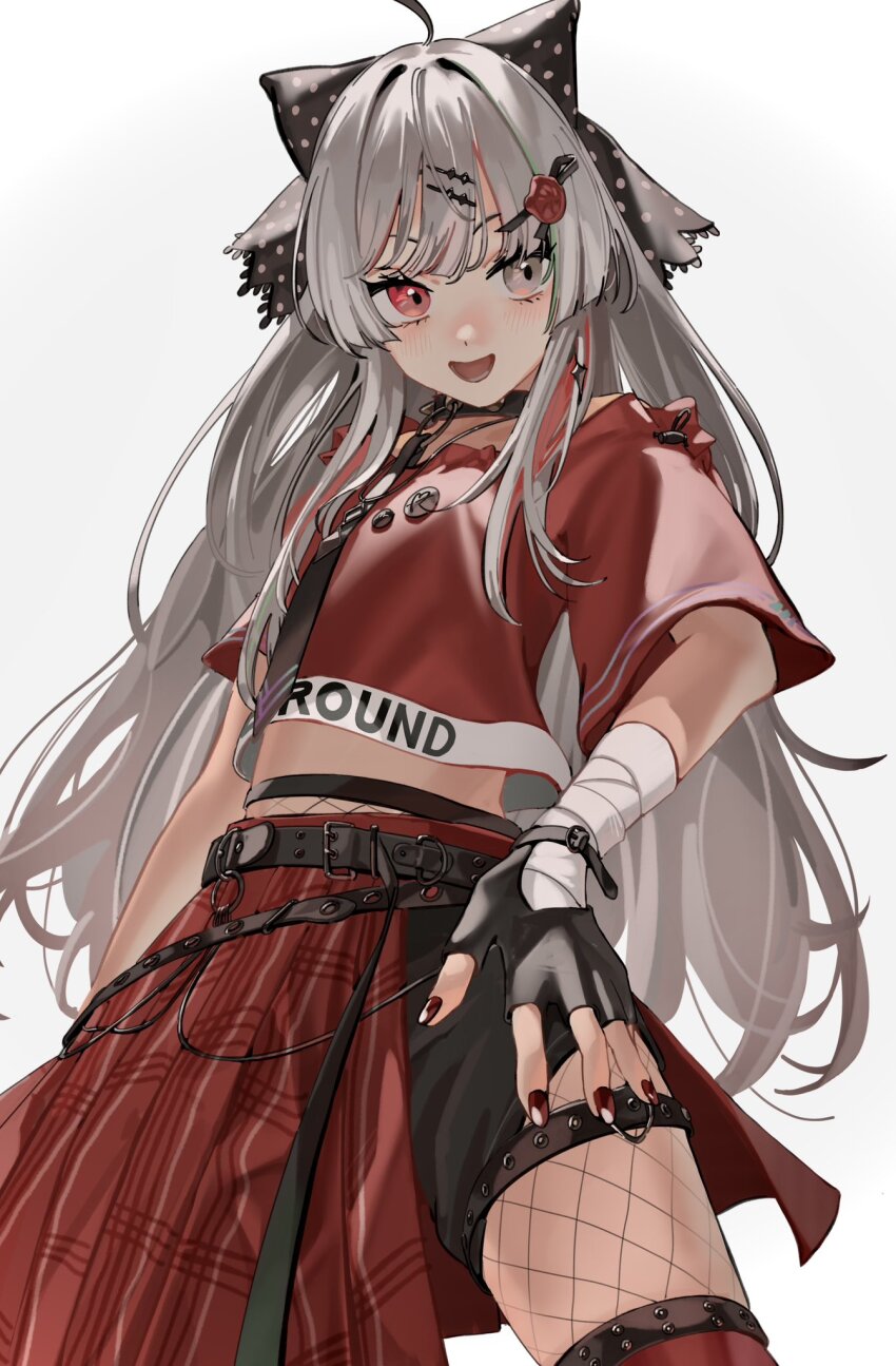 1girl ahoge badge bandaged_arm bandaged_wrist bandages belt_buckle belt_collar black_gloves black_necktie black_shorts blunt_bangs bow buckle clothes_writing collar cowboy_shot cropped_shirt fingerless_gloves fishnet_pantyhose fishnets flower_hairpin glove_cutout gloves grey_hair hair_bow hair_over_shoulder hairclip half-skirt heterochromia highres ishigami_nozomi ishigami_nozomi_(1st_costume) leather_belt long_hair midriff nail_polish necktie nijisanji pantyhose parallel_hairclips plaid_clothes plaid_skirt red_nails red_shirt red_skirt red_thighhighs rippoutai_fuusen shirt short_sleeves shorts shorts_under_skirt sidelocks simple_background skirt smile solo thigh_strap thighhighs virtual_youtuber white_background