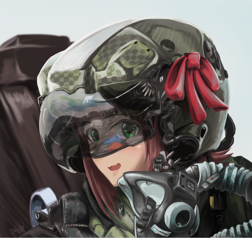 1girl amami_haruka brown_hair commentary_request flight_suit green_eyes helmet idolmaster idolmaster_(classic) looking_at_viewer military omichi_(gutteli) open_mouth oxygen_mask pilot pilot_helmet portrait red_ribbon ribbon short_hair signature solo wavy_mouth