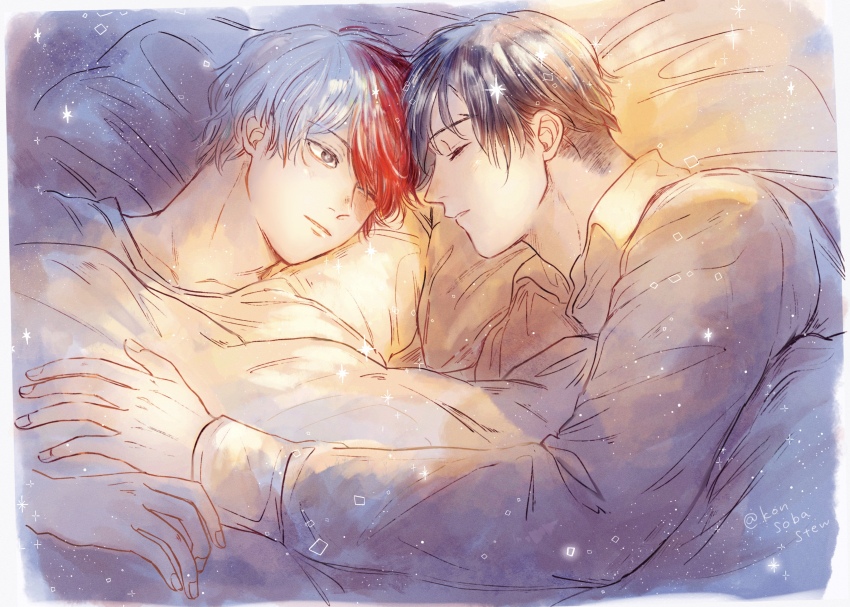 2boys absurdres boku_no_hero_academia closed_eyes collarbone collared_shirt fingernails highres iida_tenya konsobastew long_sleeves lying male_focus multicolored_hair multiple_boys on_side parted_lips red_hair scar scar_on_face shirt short_hair sleeping sparkle split-color_hair todoroki_shoto under_covers white_hair yaoi