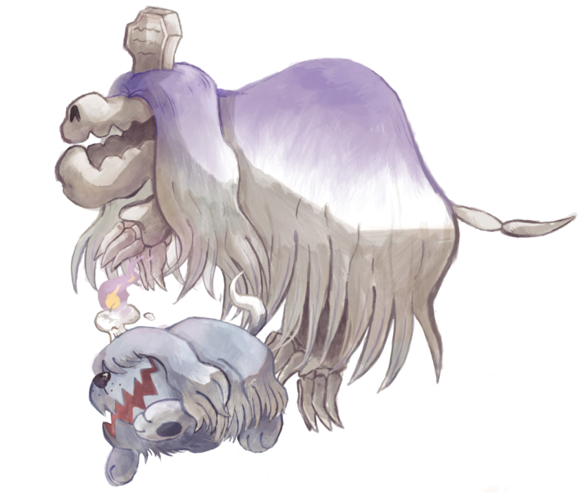animal_focus bone candle covered_eyes dog e_(pixiv_50139128) evolutionary_line fire from_side full_body gradient_hair greavard grey_hair hair_over_eyes highres houndstone long_hair multicolored_hair nintendo no_humans object_on_head open_mouth pawpads pokemon pokemon_(creature) purple_fire purple_hair sidelocks tombstone two-tone_hair white_hair