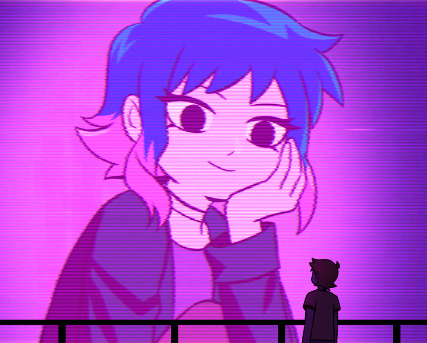 1boy 1girl blade_runner_(series) blade_runner_2049 blue_hair commentary czy_(2894456992) head_rest multicolored_hair parody pink_hair railing ramona_flowers scott_pilgrim scott_pilgrim_(series) smile television two-tone_hair