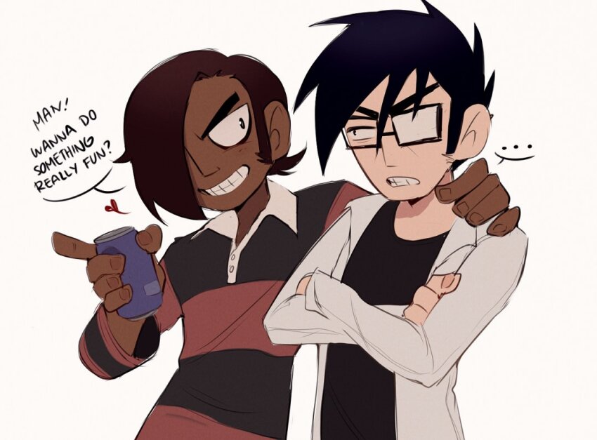 ... 2boys black_eyeliner black_eyes black_hair black_shirt brown_hair can collared_shirt commentary crossed_arms dark-skinned_male dark_skin english_commentary existenc3 eyeliner fingernails flirting frown furrowed_brow gideon_graves glasses hair_over_one_eye hand_on_another&#039;s_shoulder heart holding holding_can holding_soda_can jacket long_fingernails makeup male_focus matthew_patel multiple_boys opaque_glasses rectangular_eyewear scott_pilgrim_(series) scott_pilgrim_takes_off shirt short_hair smile speech_bubble spoken_ellipsis standing striped_clothes striped_shirt teeth white_background white_jacket yaoi