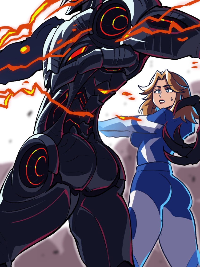 1boy 1girl ass blonde_hair blue_bodysuit blue_eyes bodysuit breasts fantastic_four highres long_hair marvel marvel_rivals sue_storm superhero_costume tina_fate two-tone_bodysuit ultron white_bodysuit
