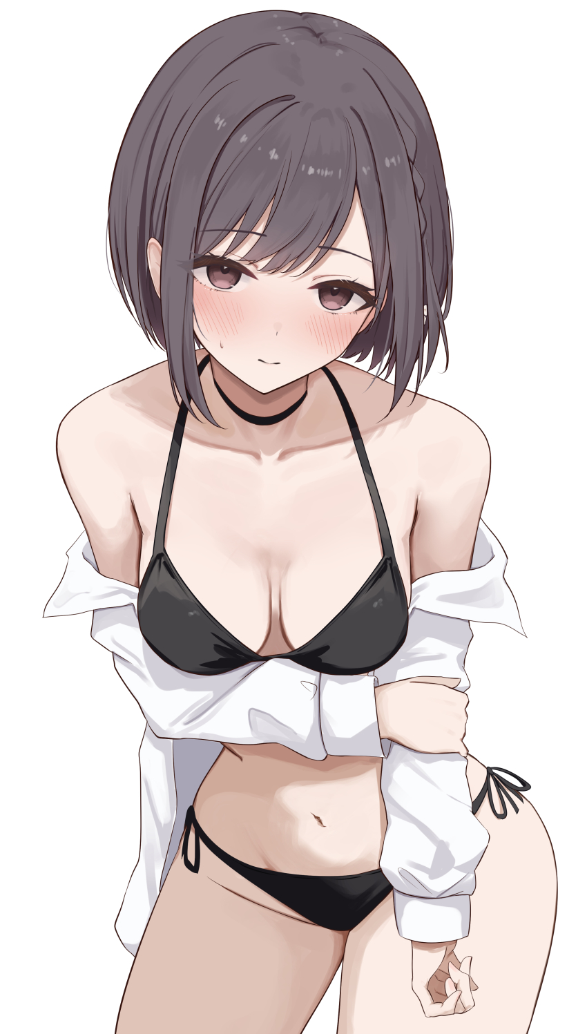 1girl absurdres bare_shoulders bikini black_bikini black_choker blush bob_cut braid breasts brown_eyes brown_hair choker closed_mouth collarbone commentary_request cowboy_shot hand_on_own_arm highres jacket kunizaki leaning_forward long_sleeves looking_at_viewer medium_breasts navel off_shoulder open_clothes open_jacket project_sekai shinonome_ena short_hair side-tie_bikini_bottom side_braid sidelocks simple_background solo stomach sweatdrop swept_bangs swimsuit thighs white_background white_jacket