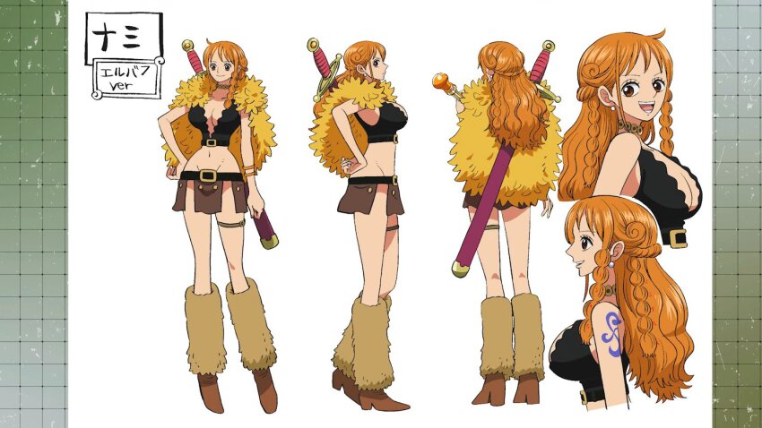 alternate_costume alternate_hairstyle belt boots bracelet braid breasts brown_eyes capelet cleavage crop_top curvy fur-trimmed_boots fur-trimmed_capelet fur_boots fur_capelet fur_trim hand_on_own_hip high_heels jewelry large_breasts loincloth long_hair looking_at_viewer nami_(one_piece) nami_(one_piece)_(elbaf) navel necklace no_panties official_alternate_costume official_alternate_hairstyle official_art one_piece open_mouth orange_hair sheath shoulder_tattoo smile sword sword_on_back tattoo thighlet thighs toei_company weapon weapon_on_back wide_hips yellow_capelet