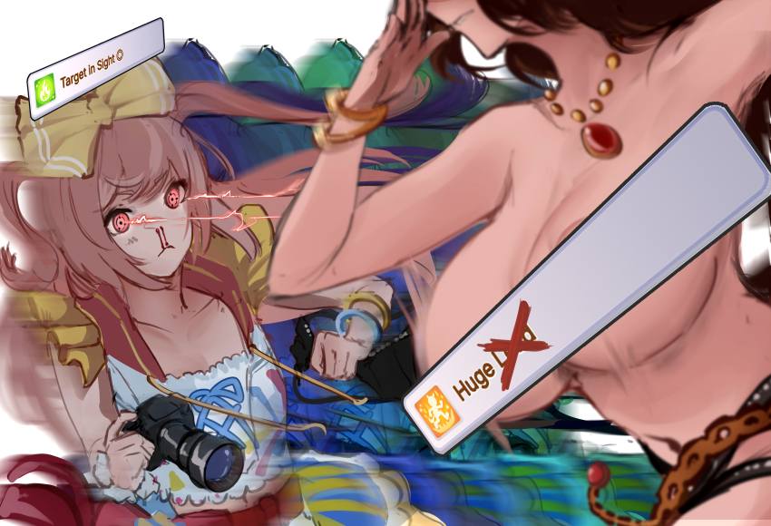 2girls absurdres agnes_digital_(super_express!_full_color_special)_(umamusume) agnes_digital_(umamusume) areola_slip bare_shoulders blood bouncing_breasts bow bracelet breasts brown_hair camera closed_eyes closed_mouth crop_top eye_trail female_pervert gameplay_ability gameplay_mechanics gold_bracelet hair_bow head_out_of_frame highres holding holding_camera horse_girl jewelry large_breasts light_trail maruzensky_(hot_summer_night)_(umamusume) maruzensky_(umamusume) midriff multiple_bracelets multiple_girls navel necklace nosebleed pervert pink_hair red_eyes running sharingan topless_female two_side_up umamusume weebchair yellow_bow