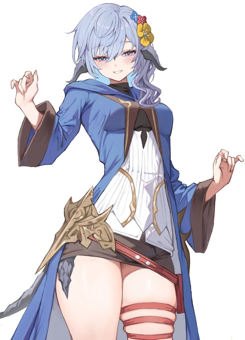 1girl asymmetrical_hair au_ra black_shirt black_skirt blue_eyes blue_hair blue_robe dragon_girl dragon_horns dragon_tail final_fantasy final_fantasy_xiv flower hair_flower hair_ornament highres hooded_robe horns looking_at_viewer robe scales shirt single_sidelock skirt solo tail torisanff14 warrior_of_light_(ff14) white_shirt