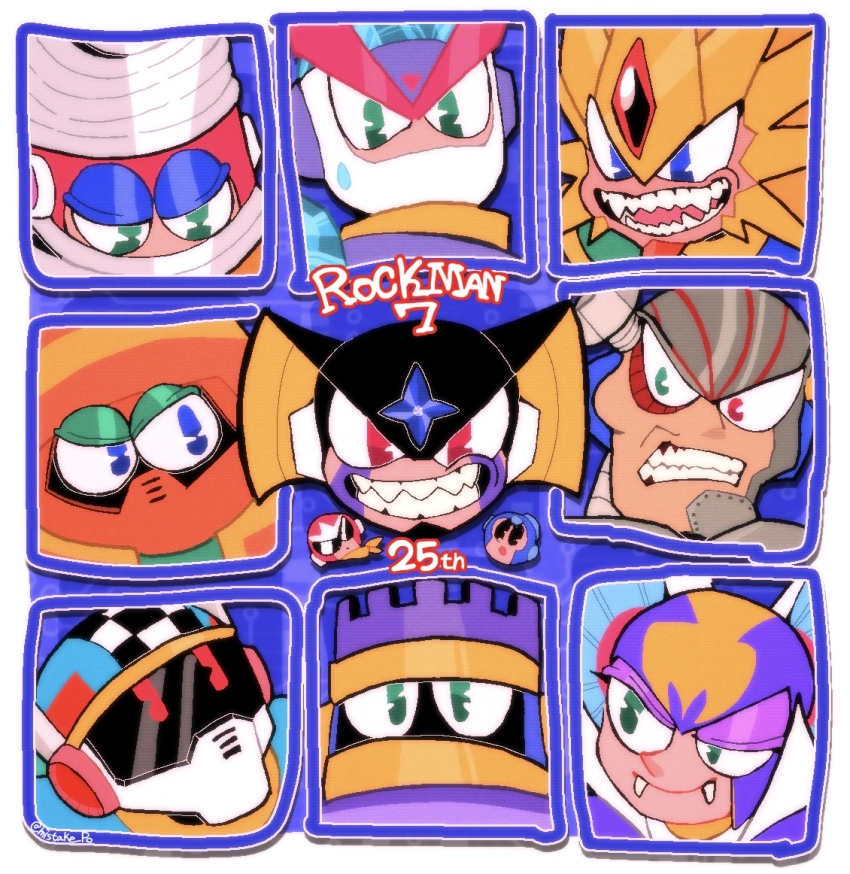 6+boys bass_(mega_man) blue_eyes burst_man cloud_man fangs freeze_man green_eyes grin helmet junk_man looking_at_viewer male_focus mask mega_man_(character) mega_man_(classic) mega_man_(series) mega_man_7 multiple_boys proto_man red_eyes robot robot_ears shade_man slash_man smile spring_man sunglasses turbo_man